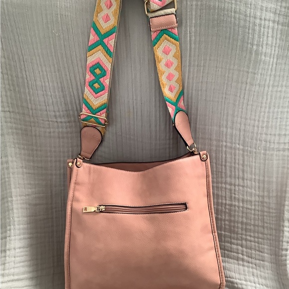 Stylish Pink leather Bucket Bag with Colorful guitar Strap - Picture 2 of 6